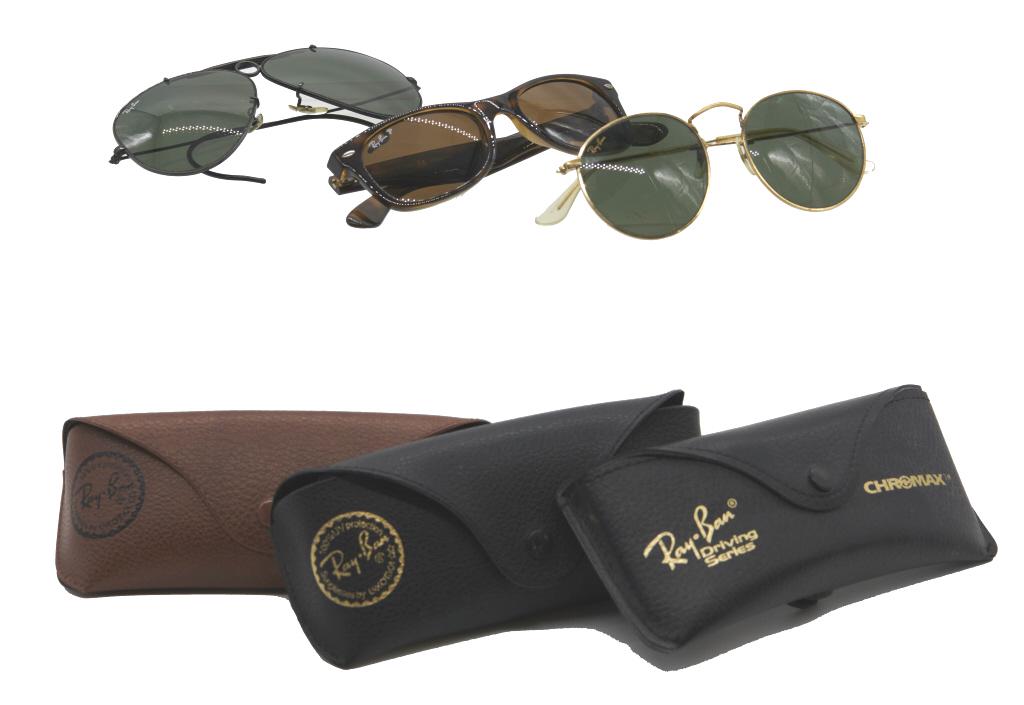 Assorted group of Ray Ban glasses Lot of 3 Ray Ban: Lot of 3 Ray Ban glasses Styles: "New Wayfarer" 52mm, "Round Lennon" 50mm, "Shooter black lens", 62mm.