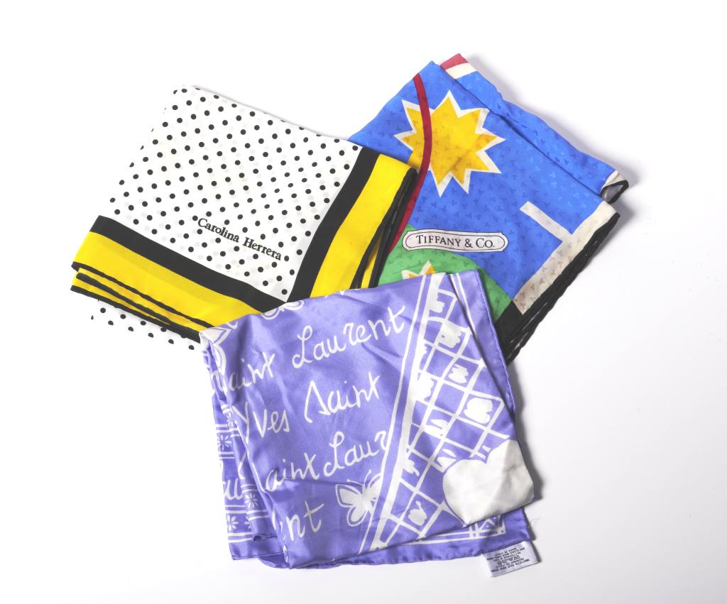 Lot of 3 assorted designer scarves - Silk Tiffany & Co scarf, approx 34in x (1 of 4)