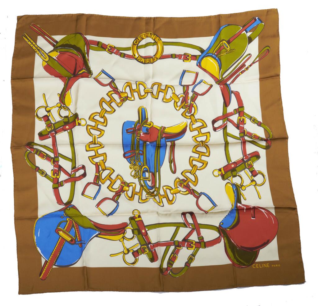 Celine vintage silk scarf Celine scarf silk, approx 33in x 33in,  brown border, jockey motif. Very (1 of 5)