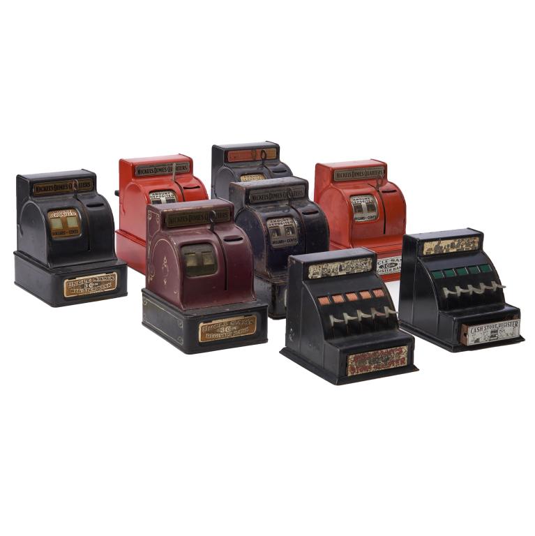 Group of sheet metal coin banks Miscellaneous assorted group of sheet metal coin banks in the shape (1 of 9)