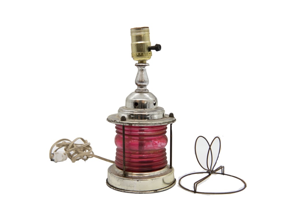 Metal & Red Glass Lamp: Metal and Red Glass Lamp (As is) condition, Wear commensurate with age, see detailed images for reference. Untested. Bulbs not included. La Belle Epoque Auction House does NOT do any in-house shipping
