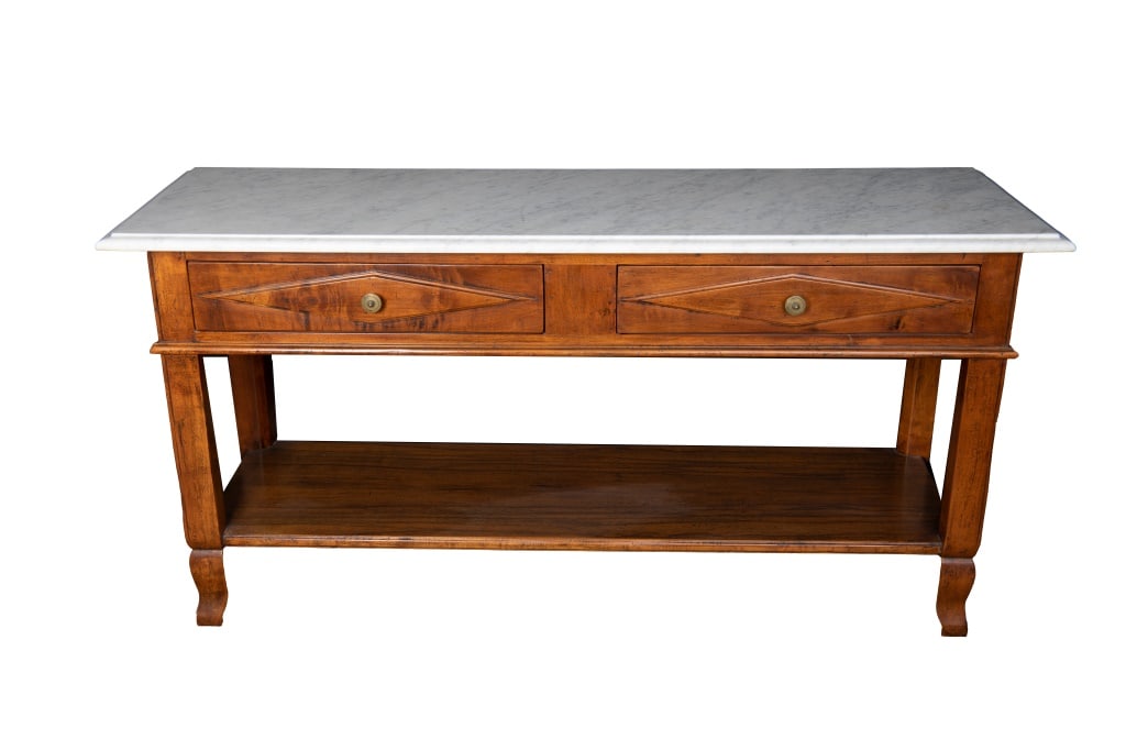 Moulded Marble Top Table: Rectangular Form Serving Table with overhanging molded marble top with a bank of two rectangular drawers side by side. Approximate Size: 30.5" H x 57" W x 20.5" D La Belle Epoque Auction House does NO