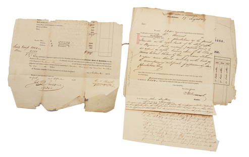 Plantation Stock Documents - Mississippi, c.1837: Documents dating 19th August 1837 from the Citizens Bank of Louisiana New Orleans for 120 shares of Capital Stock for Plantation on the right side of the Mississippi. Approximate Size of Smallest