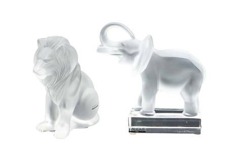 Lalique Crystal Lion & Elephant: Lalique Lion, Bambara 1987 Approximate Size: 8" H x 7" W Magnificent Lalique Crystal Elephant Approximate Size: 6.25" H x 5.5" W All lots sold as is. La Belle Epoque Auction House does NOT offer any i