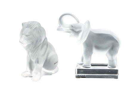 Lalique Crystal Lion & Elephant: Lalique Lion, Bambara 1987 Approximate Size: 8" H x 7" W Magnificent Lalique Crystal Elephant Approximate Size: 6.25" H x 5.5" W All lots sold as is. La Belle Epoque Auction House does NOT