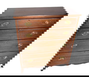 American Southern/Kentucky Hepplewhite Chest: Late 18th Century American Hepplewhite Black Walnut Chest with four graduated drawers with cockbeaded edges and veneered fronts with a light wood oval string inlay around perimeter of drawer and a lig