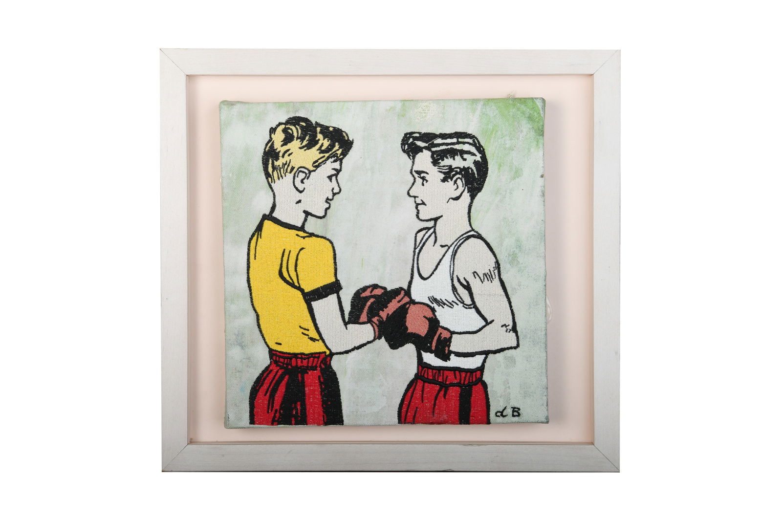David Bromley 'Boxing Boys' Embroidery on Canvas: David Bromley (Australian, born 1960) 'Boxing Boys' Oil & Embroidery on Canvas. Approximate Site Size: 9.25" H x 9.25" W Approximate Size of Framed Piece: 12" H x 13" W