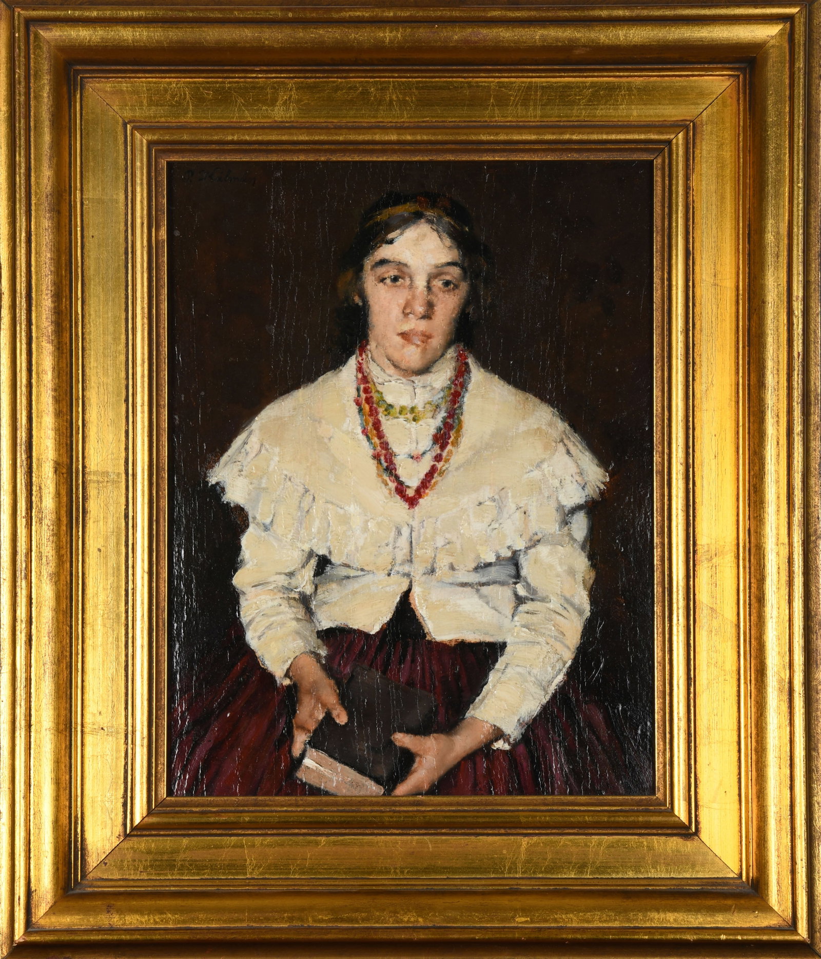 Hungarian Oil on Canvas Portrait: Hungarian Oil on Canvas Portrait depicting a woman in a white shirt Signed P Kalman top left corner (Peter Kalman 1877-1948) Oil on board Approximate Site Size: 13.5" H x 10.25" W Approximate Size of 