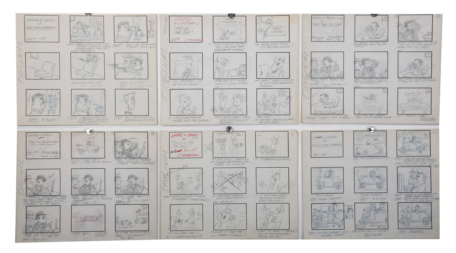 Laurel and Hardy Storyboards: Laurel and Hardy Storyboards from Original TV episodes. Laurel and Hardy was an animated television show from 1966. Lot of 28 episodes with 311 storyboard pages in total. 1. Laurel and Hardy In "Fligh