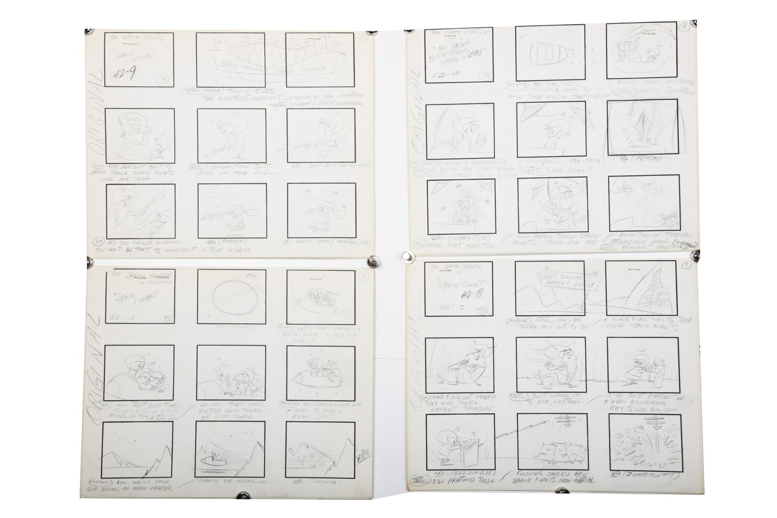 The Space Kidettes Storyboards: Storyboards for episodes from The Space Kidettes, which was an American animated TV series produced by Hanna Barbera Productions from 1966-1967. This lot includes seven episodes, in total 139 storyboa