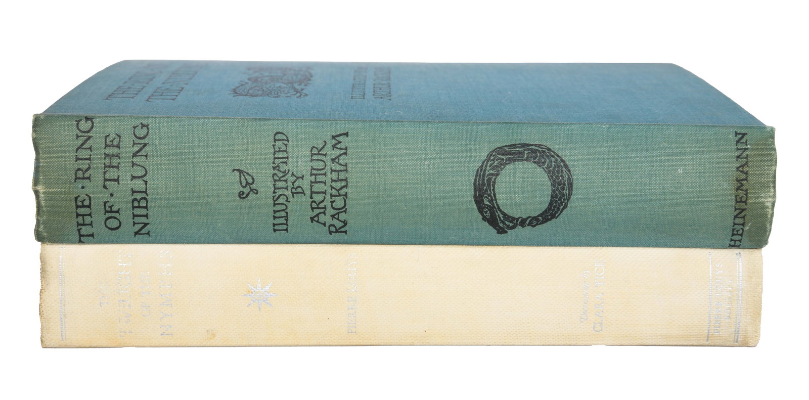 Group of 2 Nymph Books: 1. The Twilight of the Nymphs By Pierre Louys Decorations by Clara Tice Published by Pierre Louys Society 1927 Mylar dust jacket, torn Hardcover Hinge of spine staining and loose Staining on front and