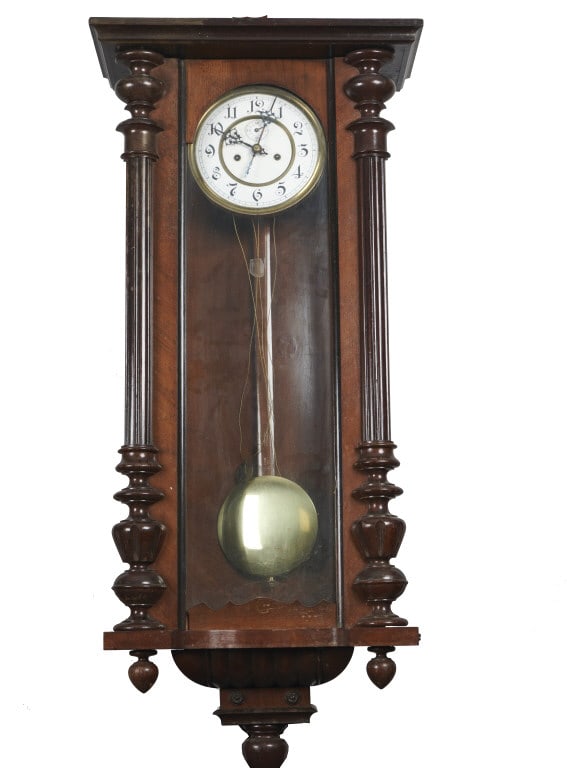 Vintage 19th Century Regulator Hanging Wall Clock: Late 19th Century Viennese weight driven regulator hanging wall clock with chime, the rectangular formed clock with a clear fenestrated door flanked by two fluted columns, round face with Arabic numer