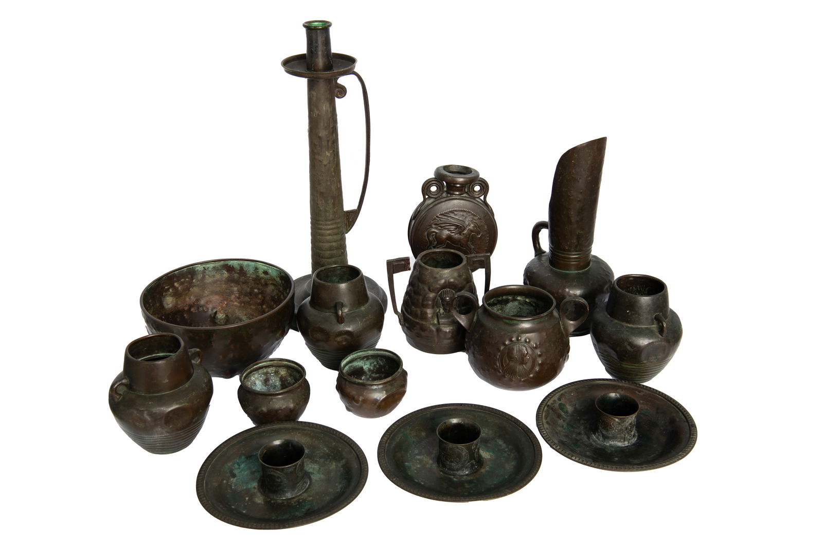 Hammered Copper Table Articles: Group of 14 Hammered Copper Table Articles Including Bronze Handle Mugs, Bronze Flasks with detailed Horse, and Bronze Pitcher. Approximate Size of Smallest Piece: 2.25" H x 3" W Approximate Size of L