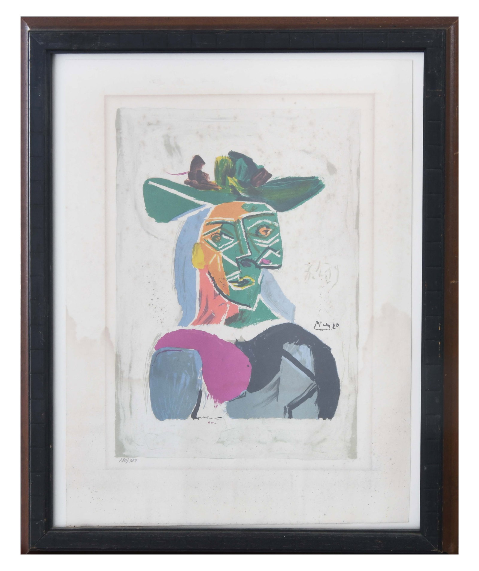 Pablo Picasso, Spanish 1881-1973, After Picasso, Tête de Femme Au Chapeau, Lithograph: Pablo Picasso Spanish, 1881-1973 After Picasso, Tête de Femme Au Chapeau Lithograph Signed within plate Water marks visible on bottom part of plate, see images for details Framed, not inspected o