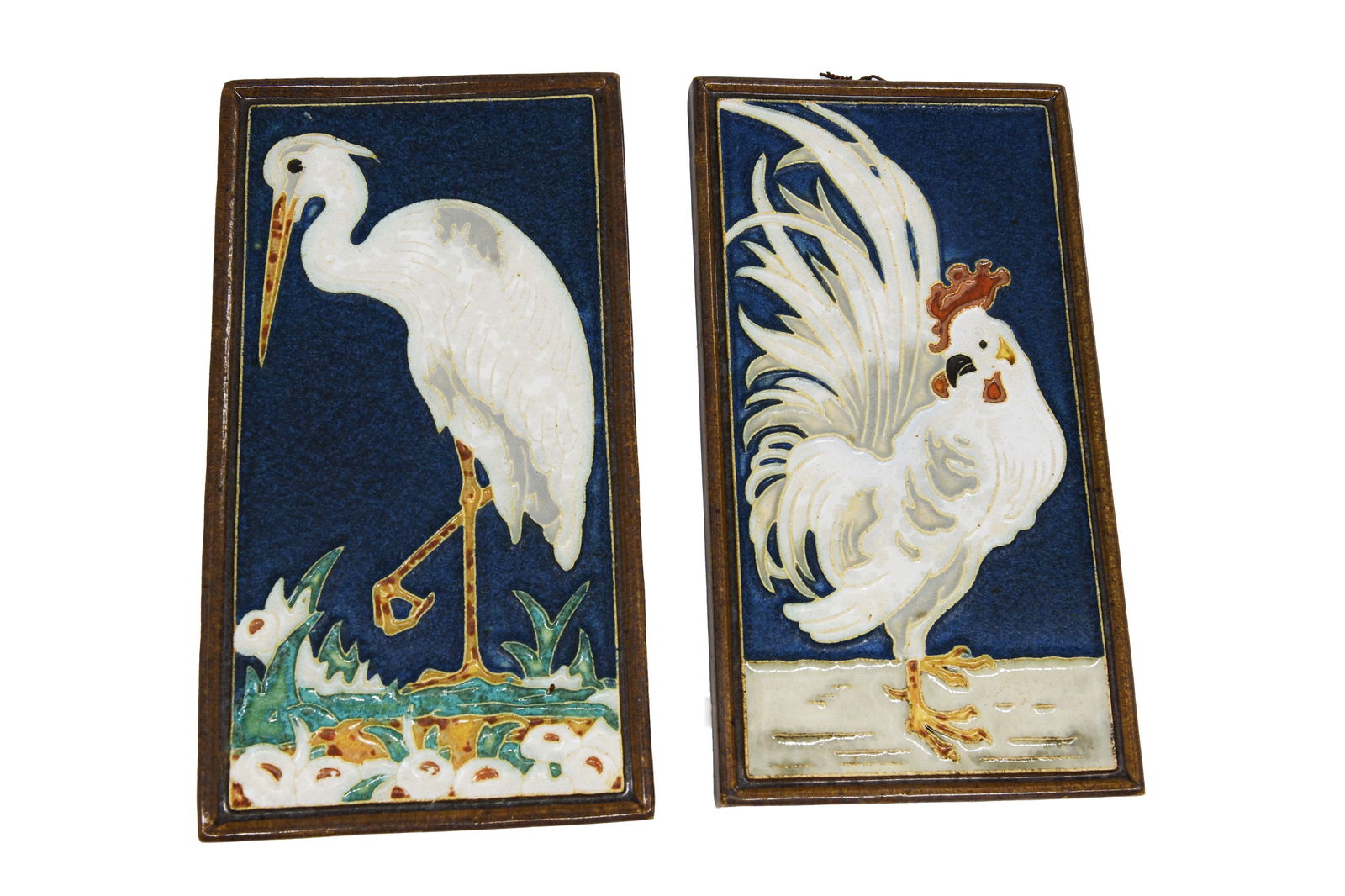 Pair of Cloisonne Delft Bird Tiles Incl. Rooster & Crane (1 of 2)