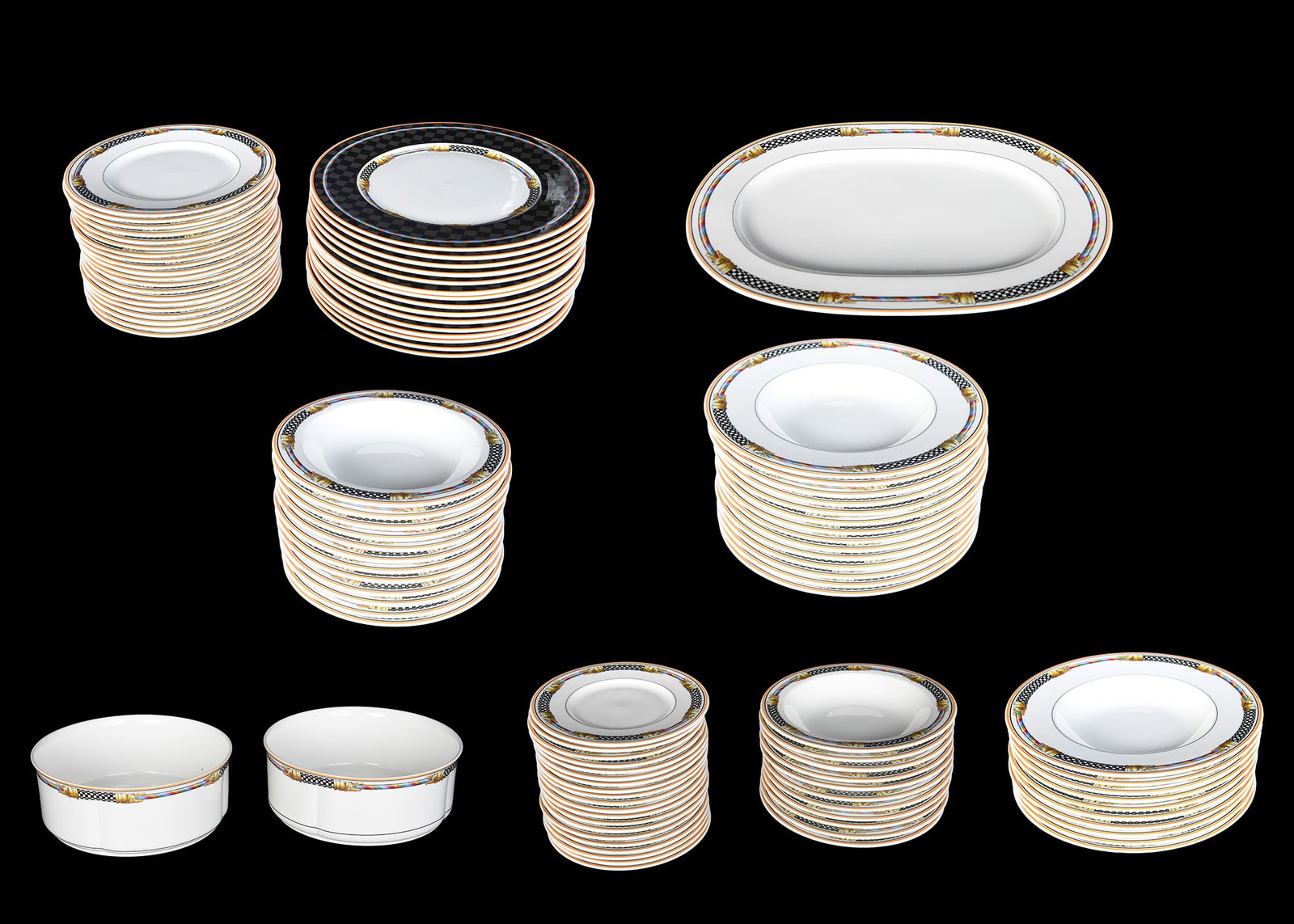 Gallo Design Ornamento Bone China Dinnerware Set: Gallo Design Ornamento Bone China Dinnerware Set Gallo Design Ornamento Bone China Dinnerware Set 23 x Soup Bowls - 8" D 1.75" H 20 x Dessert Plates - 8.5" D 20 x Side Plates - 7" D 15 x Checkered Din