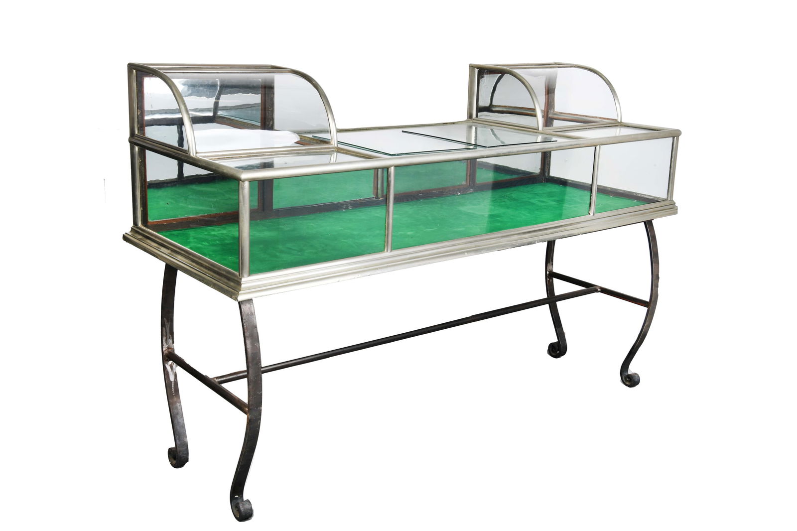 Antique Nickel Plated Two Tier Metal Showcase Display Cabinet Raised on Curved Legs (1 of 19)