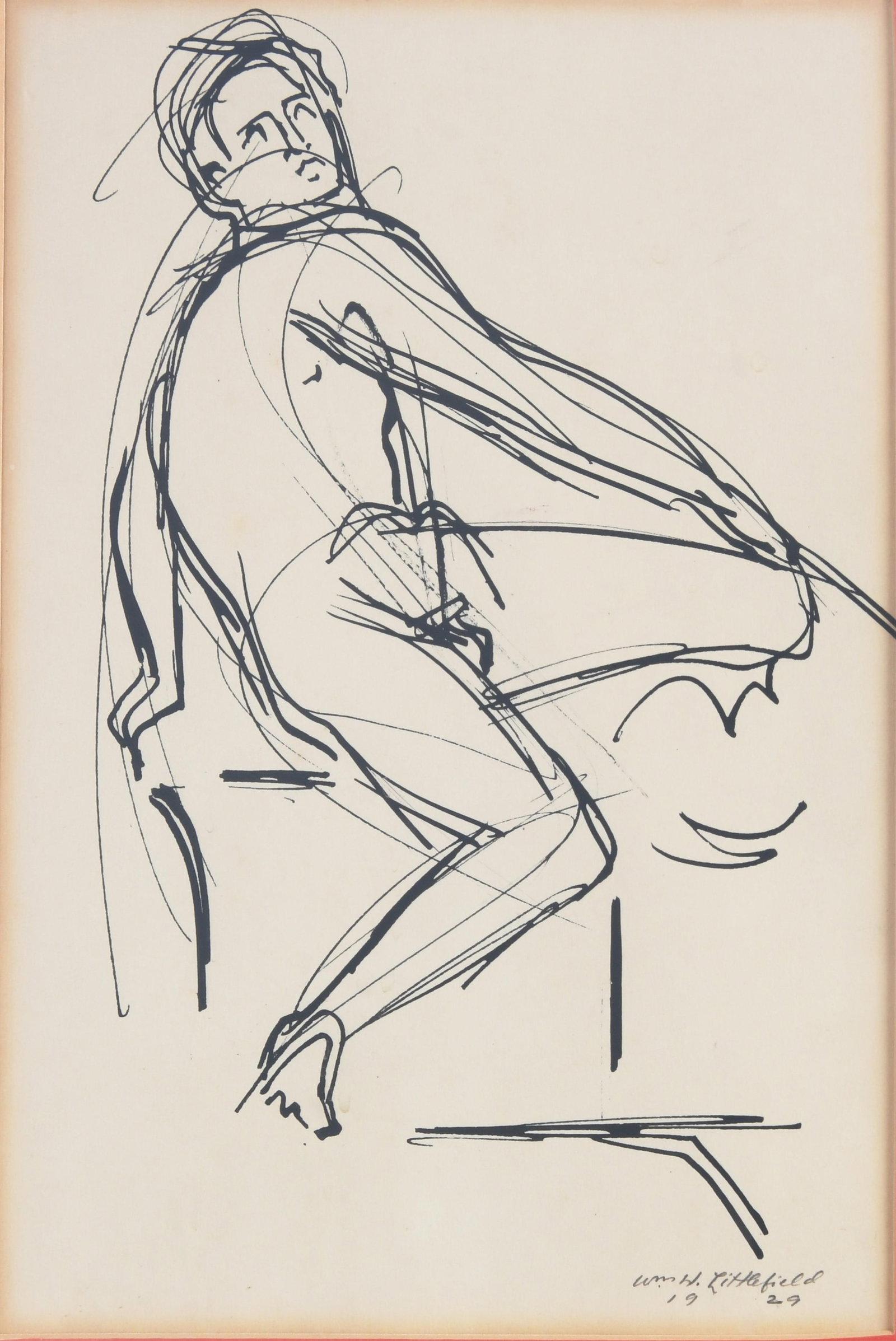William Littlefield, Nude Male Study, 1929, Pen Ink: William Littlefield Nude Male Study, 1929 Pen Ink Provenance: Tuckahoe, NY Estate Approximate Size of Piece: 12.5" H x 8.5" W Approximate Size of Piece Framed: 20" H x 16" W Attached on ve