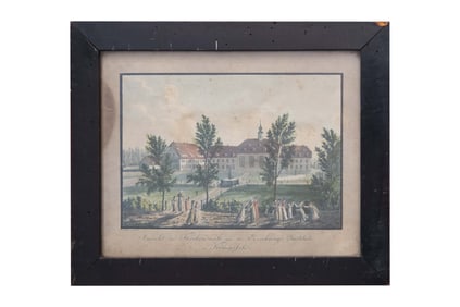 German , View of the church hall and the re-education institute in K?nigsfeld, Etching
