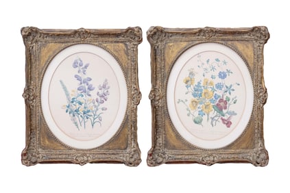 Pair of Florilegium presented in Antique Carved Gilt Frames