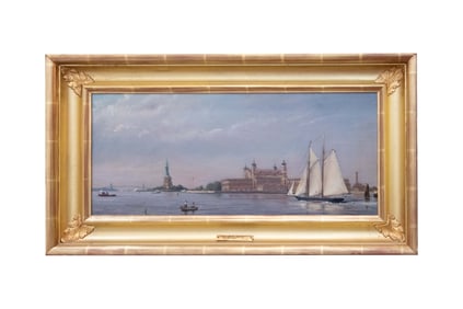 Peter Layne Arguimbau, American 1951-, New York Harbor “ Mariette”, Oil on Panel