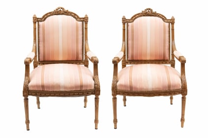 Pair of 19th Century Style Pink Upholstered Carved Louis XVI Chairs