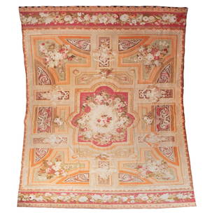 19th Century French Aubusson Rug Carpet: 19th Century French Aubusson Rug CarpetOriginally acquired from F.J Hakimian Inc, European & Oriental Carpets, 136 East 57th St.Original Dimensions:When the consignor moved apartments the carpet was p