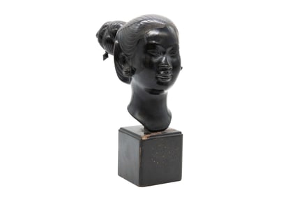 Thanh Le Nguyen, 1919-2003, Head of Young Vietnamese Woman, Bronze on Wooden Base