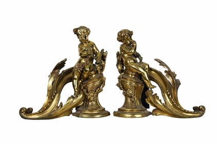 Antique Pair Bronze Dionysian Cherub Andirons