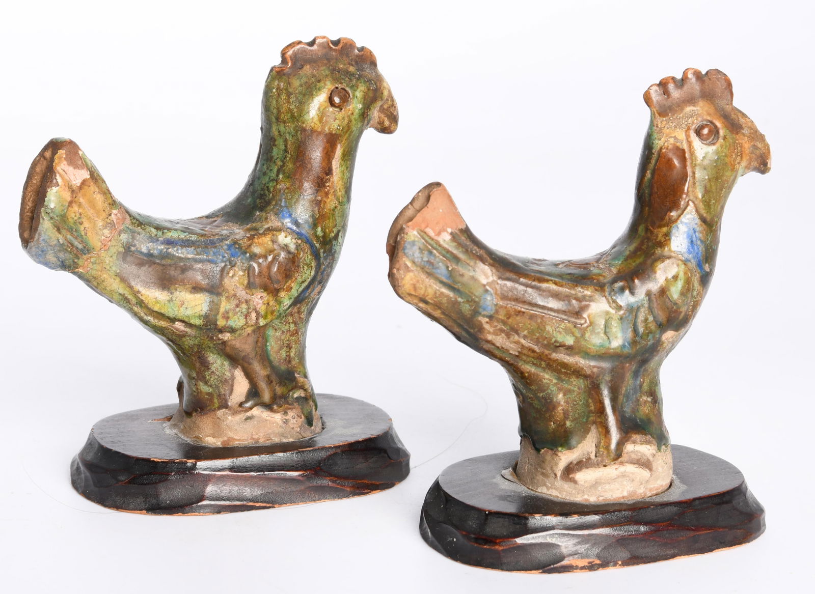 Redware Earthenware Ceramic Chickens: Redware Earthenware Ceramic ChickensPossibly SouthernMounted on wooden baseApproximate Size of Piece:5.125” H x 2.25” W x 3.5” D