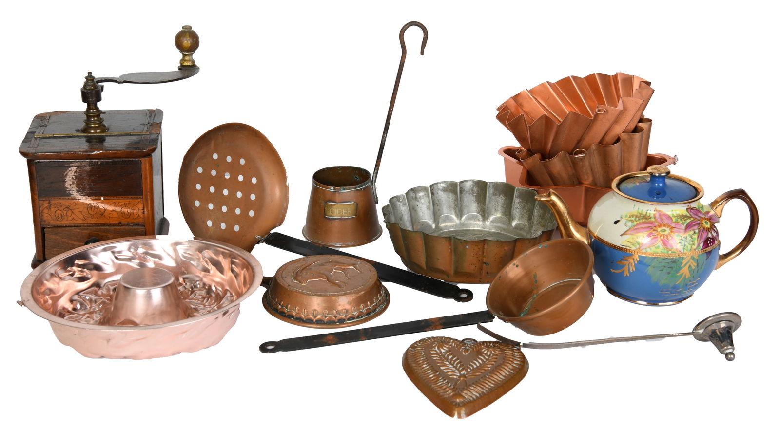 Group of Asstd. Kitchenware Incl. Copper: Group of Asstd. Kitchenware Incl. Copper1 x Sadler Tea Pot4 x Copper Molds1 x Bundt Cake Molds1 x Copper Heart Mold1 x Antique Wooden Coffee Grinder1 x Long Vintage Handle1 x Long Copper Ladle1 x