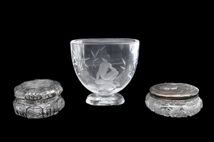 Group of 3 Victorian Art Nouveau Crystal & Sterling