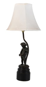 After Claude Michel Clodion, Boy with Horn Musician Bronze Lamp