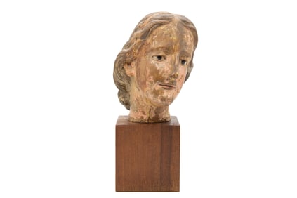 European School Wood Polychrome Carved Saint Head Santo