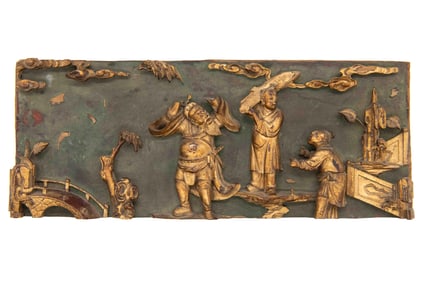 Antique Gold Gilt Wood Carved Panel of Chinese Scene