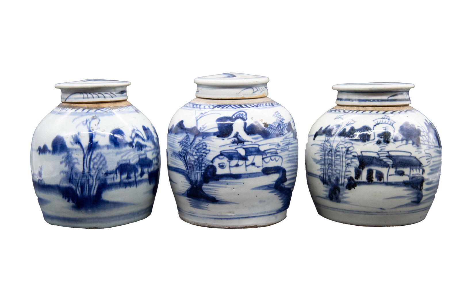 Group of 3 Early Chinese White and Blue Porcelain Lidded Ginger Jars: Group of 3 Early Chinese White and Blue Porcelain Lidded Ginger JarsGroup of 3 Early Chinese White and Blue Porcelain Lidded Ginger Jars, Likely 18th centuryApproximate size of largest jar: 7.5”