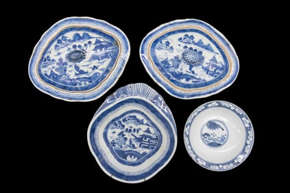 Group of 4 Early Chinese White and Blue Porcelain Dishes