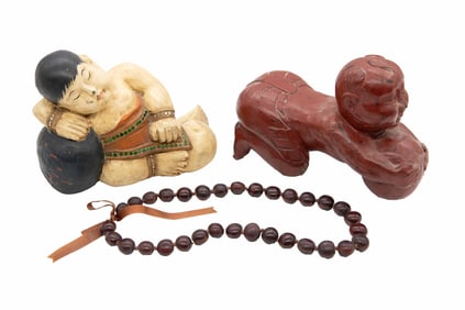 Group of 2, Chinese Porcelain Pillow & Carved Buddha