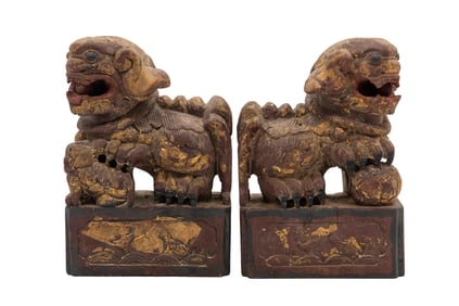 Pair of Carved Wood Chinese Foo Fu Dogs
