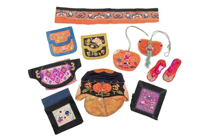 Group of Antique Chinese Embroidery & Silk Miao Headdress