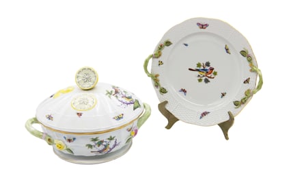 Herend Rothschild Bird Tureen & Herend Floral & Vine Plate