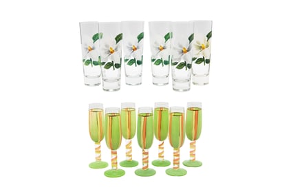 Group of Tumblers & Mackenzie Childs Style Hand Painted Flutes