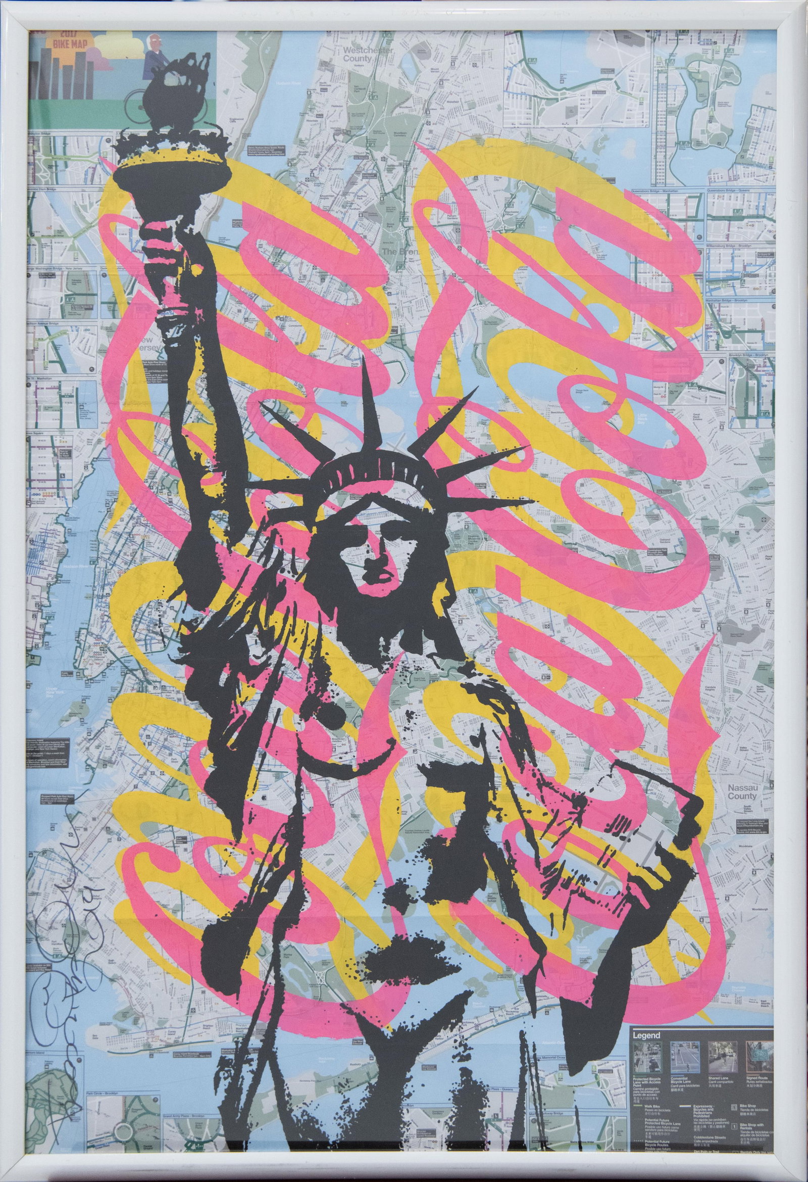 Naked Statue of Liberty & Coca-Cola, Denis Ouch: Denis OuchNew York, 1984-Naked Statue of Liberty & Coca-ColaStencil on 2017 NYC MapNaked Statue of Liberty & Coca-Cola, Stencil on 2017 NYC Map by Denis OuchApproximate frame size: 37” H x 25&rd