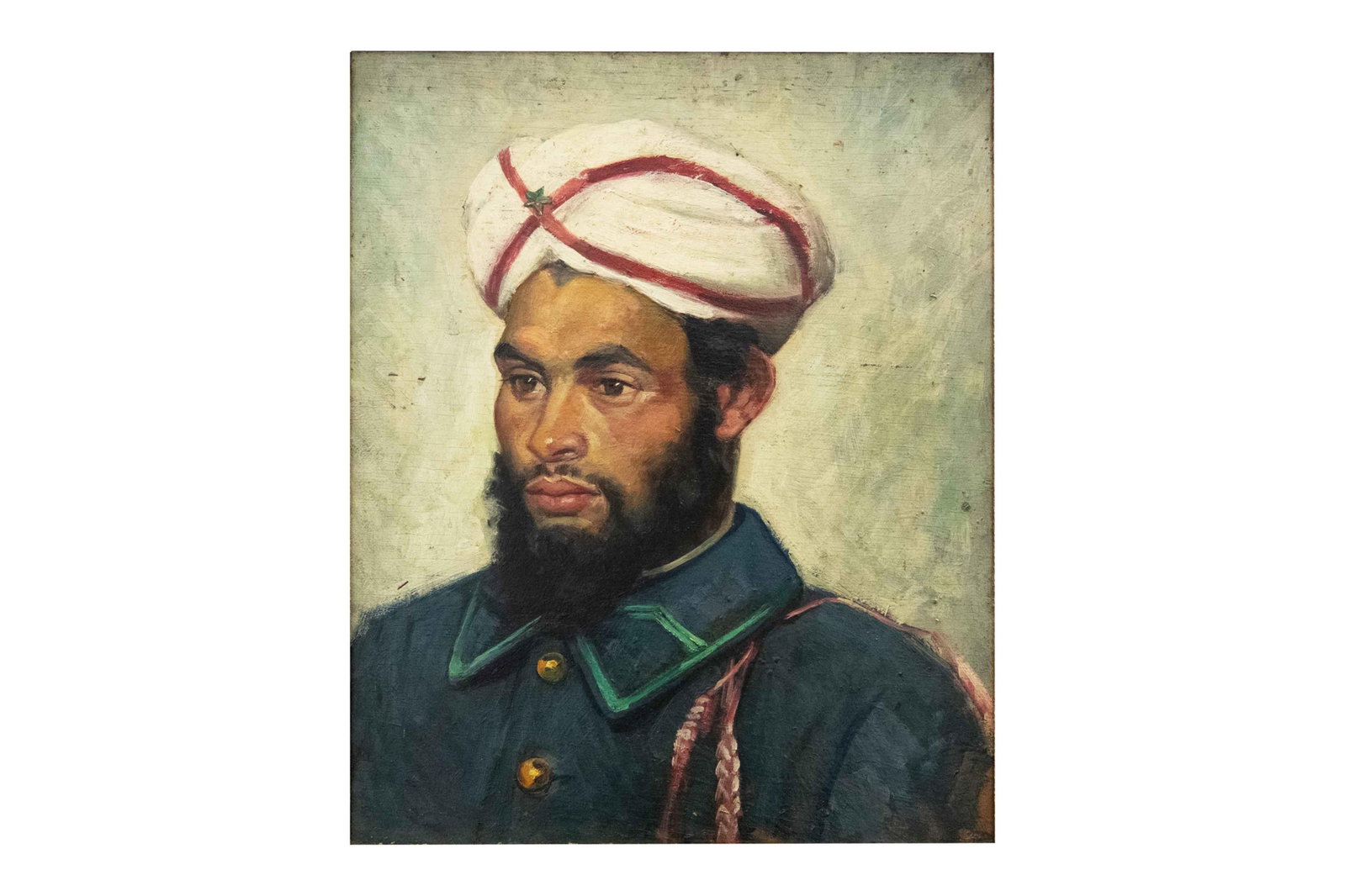 19th Century Military Portrait: 19th Century Military Portrait Oil on Board Gentleman depicted in a Military Uniform, Potentially Turkish Framing sticker on verso inscribed: "J. Pouille Pere, J. Claverolat Sr. Encadrements Miroiteri