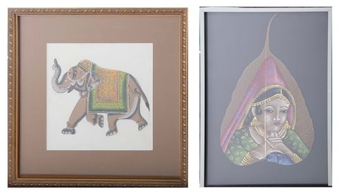 Two Indian Watercolors on Silk & a Leaf