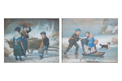 Pair of Early Russian Etchings of Child's Winter Scenes