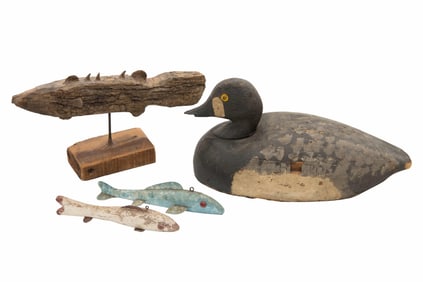 Group of Antique Carved Fish Decoys & Duck Decoy