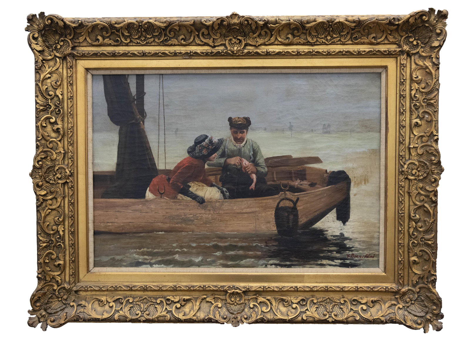 Victorio Bianchini, Italy 1797-1880, Fishing Boat Scene, Oil on Canvas: Victorio Bianchini Italy, 1797-1880 Fishing Boat Scene Oil on Canvas Inscribed on verso: Studio V Bianchini Figlis Viale Pitraria 75 Firenze Approximate frame size: 26” H x 34” W