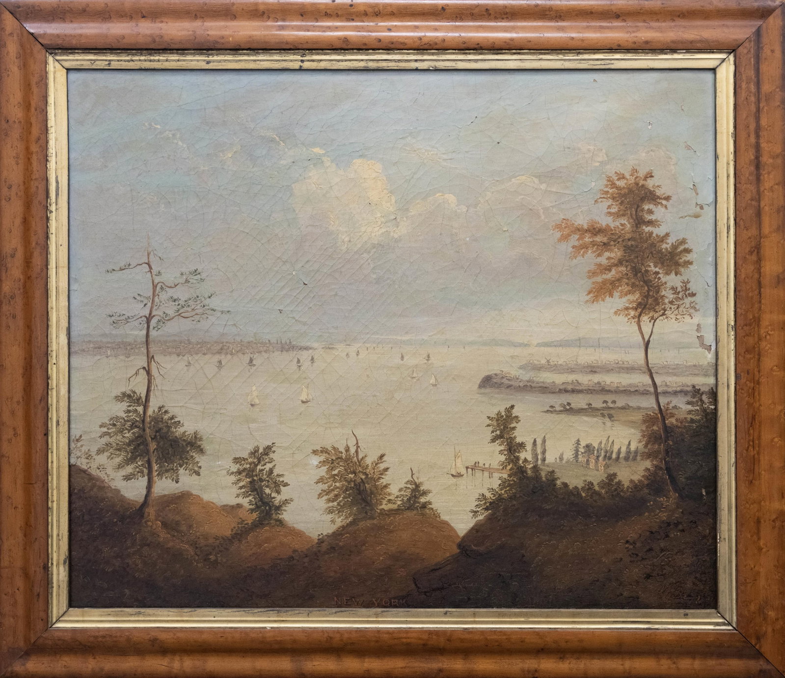 19th Century Hudson River School Style 'New York', Oil on Canvas: 19th Century Hudson River School Style 'New York' Oil on Canvas Illegible signature 'New York' painted bottom center Approximate frame size: 30.5” H x 35.5” W Approximate image size: