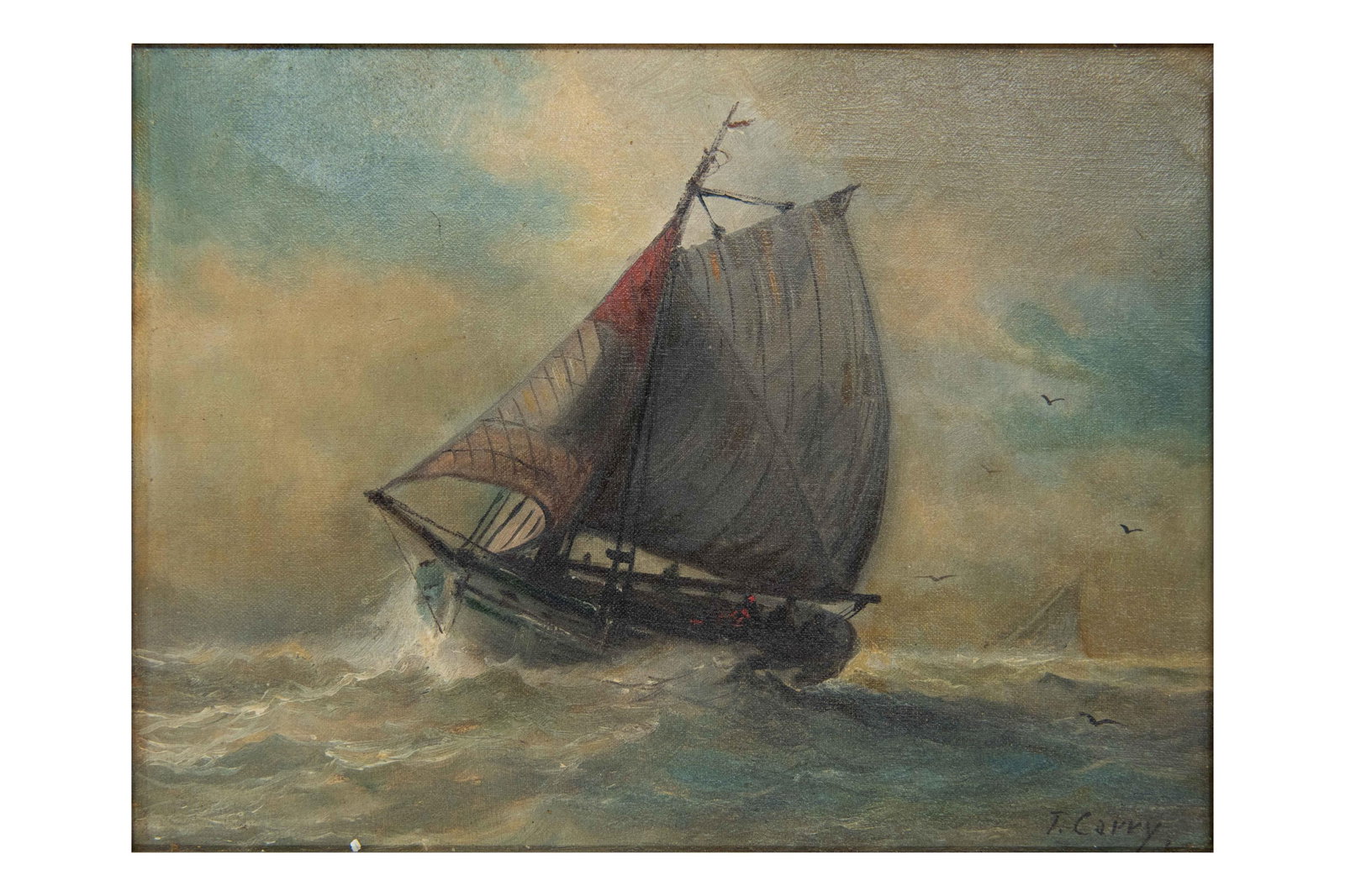 Antique Framed Sailing Scene, Oil on Canvas: Antique Framed Sailing Scene Oil on Canvas Illegible signature Approximate frame size: 15.75” H x 18.25” W x 3.5” D Approximate image size: 8.75” H x 11.5” W